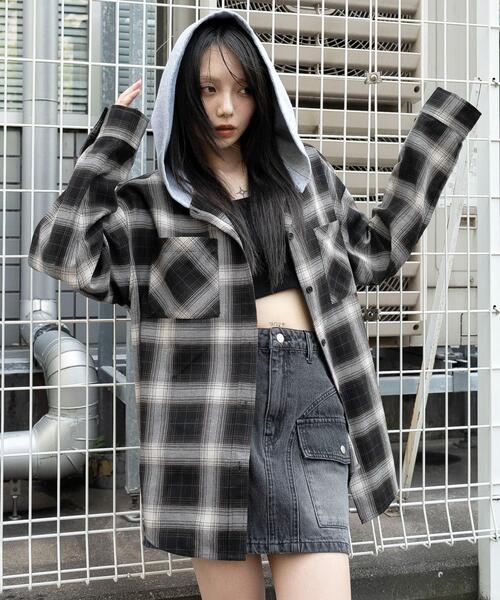 WEGO(ウィゴー)の「WEGO/裏毛フードチェックシャツ(シャツ/ブラウス・レディース・ブラウン系その他2/ブラック系その他2・FREE)」の6枚目の写真