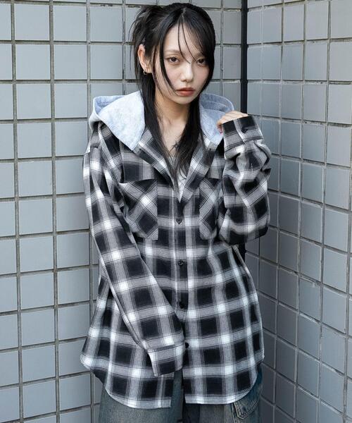 WEGO(ウィゴー)の「WEGO/裏毛フードチェックシャツ(シャツ/ブラウス・レディース・ブラウン系その他2/ブラック系その他2・FREE)」の12枚目の写真