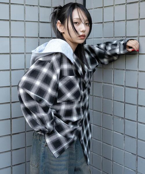 WEGO(ウィゴー)の「WEGO/裏毛フードチェックシャツ(シャツ/ブラウス・レディース・ブラウン系その他2/ブラック系その他2・FREE)」の13枚目の写真