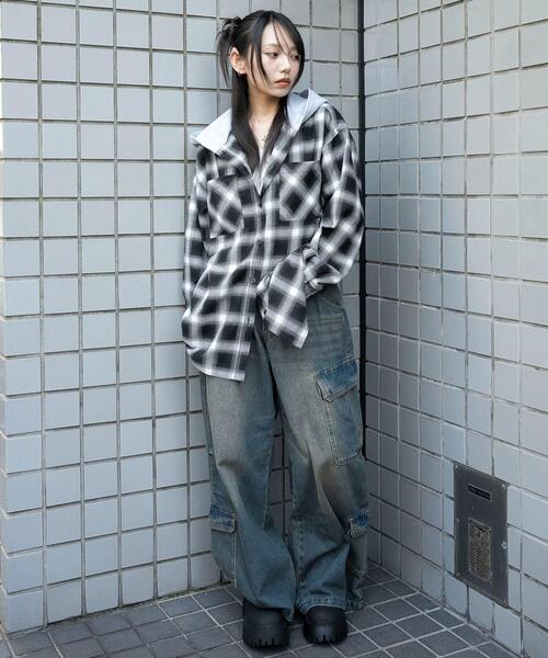 WEGO(ウィゴー)の「WEGO/裏毛フードチェックシャツ(シャツ/ブラウス・レディース・ブラウン系その他2/ブラック系その他2・FREE)」の3枚目の写真