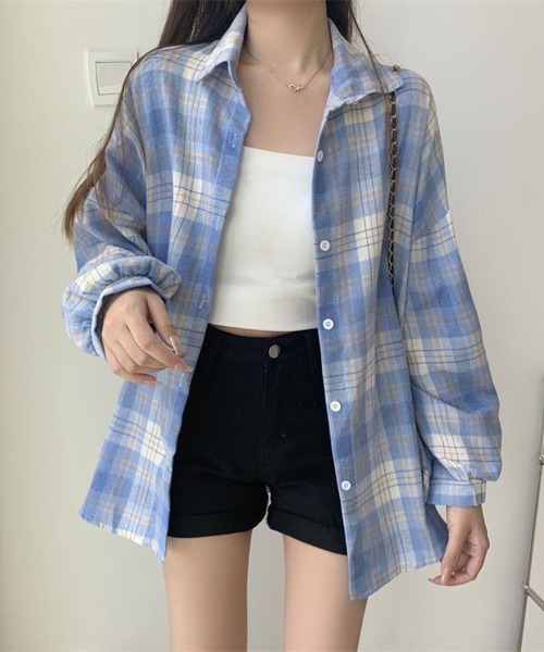 SPIGA（スピーガ）の「ﾎﾞﾘｭｰﾑｽﾘｰﾌﾞﾁｪｯｸｼｬﾂ（シャツ/ブラウス・レディース・ブルー系その他2/ブルー系その他/マルチ/ブラック×ホワイト/ブルー/グリーン/イエロー/ピンク/グレー/ブラウン/ベージュ/パープル/ブラック・X-LARGE/MEDIUM/LARGE/SMALL）」の8枚目の写真