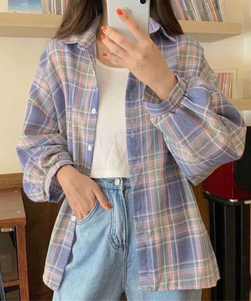 SPIGA（スピーガ）の「ﾎﾞﾘｭｰﾑｽﾘｰﾌﾞﾁｪｯｸｼｬﾂ（シャツ/ブラウス・レディース・ブルー系その他2/ブルー系その他/マルチ/ブラック×ホワイト/ブルー/グリーン/イエロー/ピンク/グレー/ブラウン/ベージュ/パープル/ブラック・X-LARGE/MEDIUM/LARGE/SMALL）」の10枚目の写真