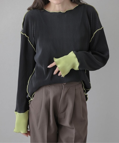 La-gemme（ラジェム）の「バイカラープリーツトップス（Tシャツ/カットソー・レディース・ブラウン/ブラック/グレー/アイボリー・フリー）」の8枚目の写真