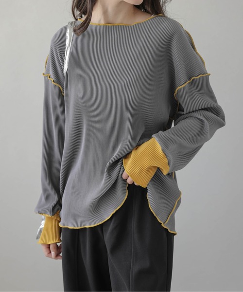 La-gemme（ラジェム）の「バイカラープリーツトップス（Tシャツ/カットソー・レディース・ブラウン/ブラック/グレー/アイボリー・フリー）」の12枚目の写真