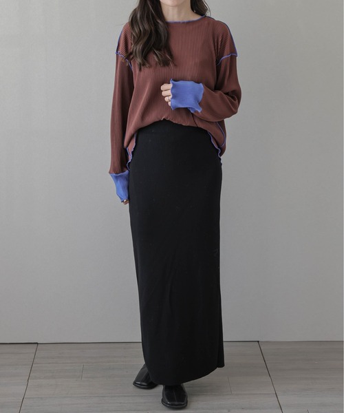 La-gemme（ラジェム）の「バイカラープリーツトップス（Tシャツ/カットソー・レディース・ブラウン/ブラック/グレー/アイボリー・フリー）」の13枚目の写真