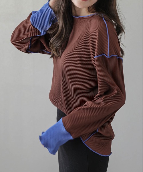 La-gemme（ラジェム）の「バイカラープリーツトップス（Tシャツ/カットソー・レディース・ブラウン/ブラック/グレー/アイボリー・フリー）」の14枚目の写真