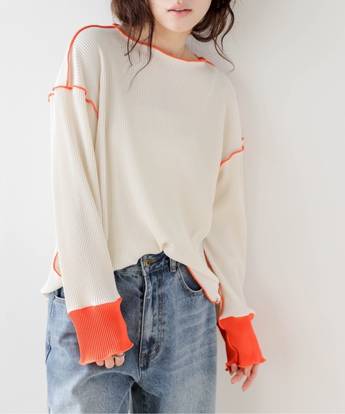 La-gemme(ラジェム)の「バイカラープリーツトップス(Tシャツ/カットソー・レディース・アイボリー/ブラック/グレー/ブラウン/ライトグレー/ネイビー・フリー)」の18枚目の写真