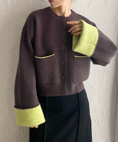 美品★ バイカラーショートニットカーディガン UN3D. カーディガン BI-COLOR SHORT KT CD / バイカラーショート
