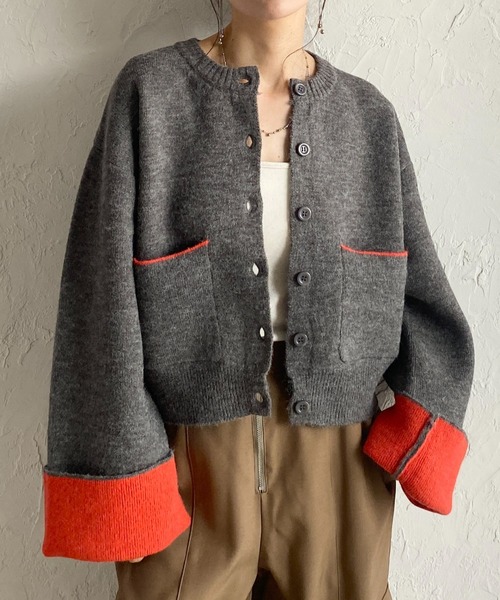 セール】ショート丈長袖配色バイカラーニットカーディガン