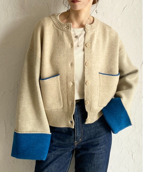 美品★ バイカラーショートニットカーディガン セール】BI-COLOR SHORT KT CD / バイカラーショートニット