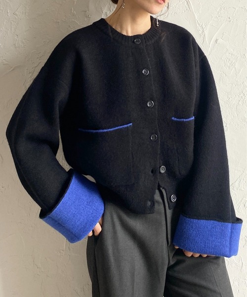 美品★ バイカラーショートニットカーディガン She's Closet カーディガン ショート丈長袖配色バイカラーニット