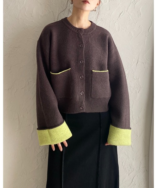 She's Closet(シーズクローゼット)の「ショート丈長袖配色バイカラーニットカーディガン(カーディガン/ボレロ・レディース・ブラウン/アイボリー/ブラック/チャコールグレー・FREE)」の7枚目の写真
