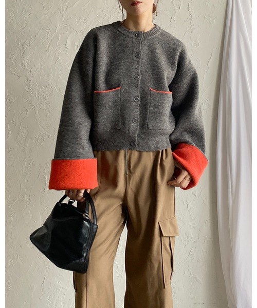 セール】ショート丈長袖配色バイカラーニットカーディガン