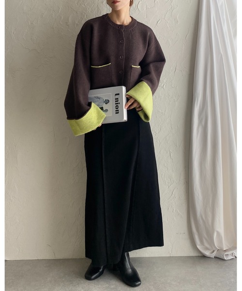 美品★ バイカラーショートニットカーディガン セール】ショート丈長袖配色バイカラーニットカーディガン