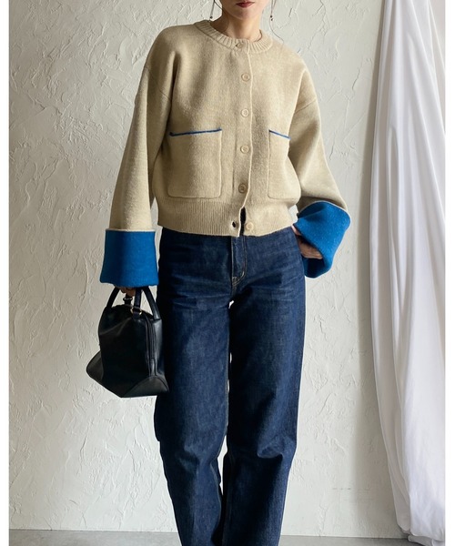 セール】ショート丈長袖配色バイカラーニットカーディガン