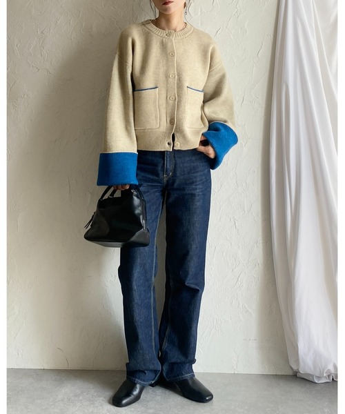 美品★ バイカラーショートニットカーディガン UN3D. カーディガン BI-COLOR SHORT KT CD / バイカラーショート