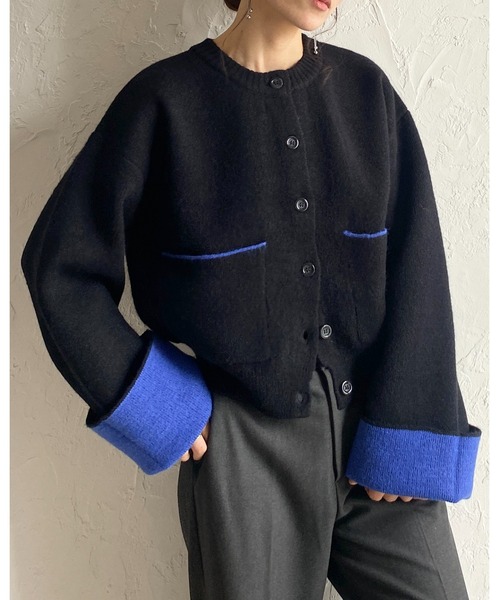 美品★ バイカラーショートニットカーディガン セール】ショート丈長袖配色バイカラーニットカーディガン