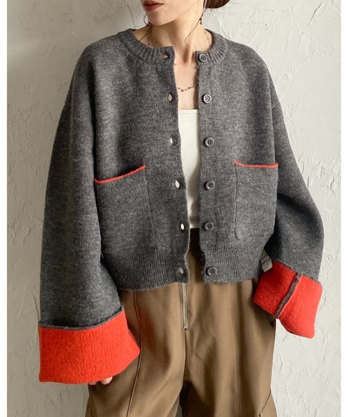 美品★ バイカラーショートニットカーディガン セール】ショート丈長袖配色バイカラーニットカーディガン