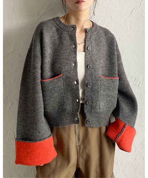 セール】ショート丈長袖配色バイカラーニットカーディガン