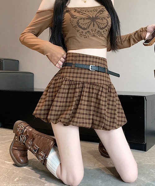 HOOK(フック)の「HOOK for girls ベルト付き バルーンスカート ミニ丈 韓国ストリート(スカート・レディース・ブラック系その他/ブラック/ブラウン・SMALL/MEDIUM)」の17枚目の写真