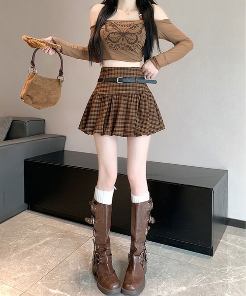 HOOK(フック)の「HOOK for girls ベルト付き バルーンスカート ミニ丈 韓国ストリート(スカート・レディース・ブラック系その他/ブラック/ブラウン・SMALL/MEDIUM)」の15枚目の写真