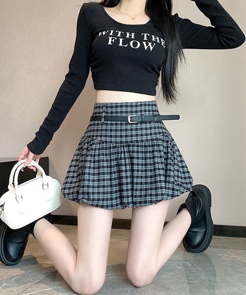 HOOK(フック)の「HOOK for girls ベルト付き バルーンスカート ミニ丈 韓国ストリート(スカート・レディース・ブラック系その他/ブラック/ブラウン・SMALL/MEDIUM)」の9枚目の写真