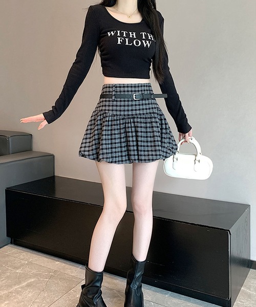 HOOK(フック)の「HOOK for girls ベルト付き バルーンスカート ミニ丈 韓国ストリート(スカート・レディース・ブラック系その他/ブラック/ブラウン・SMALL/MEDIUM)」の6枚目の写真