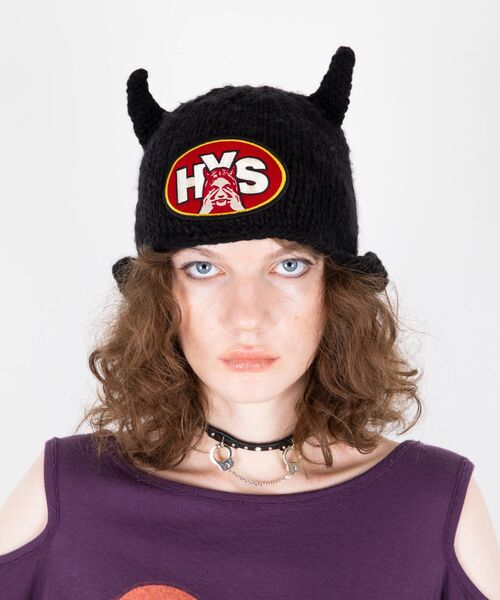 ヒステリックグラマー ニット帽 耳あて付き SEE NO EVIL 手編みニットキャップ|HYSTERIC GLAMOUR WOMEN