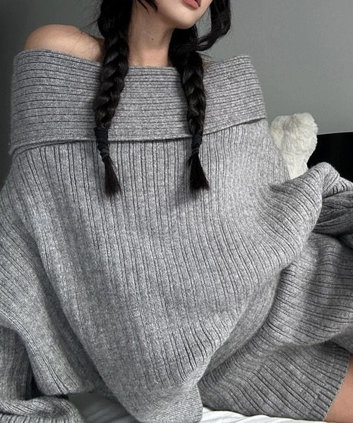 meJane（ミージェーン）の「オフショルダーデザイン リブニットセットアップ（セットアップ・レディース・グレイッシュベージュ/オフホワイト/グレー・FREE）」の6枚目の写真