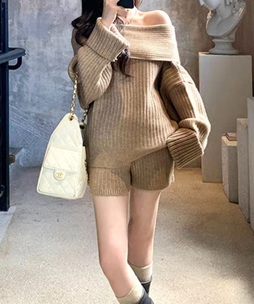 セール】オフショルダーデザイン リブニットセットアップ