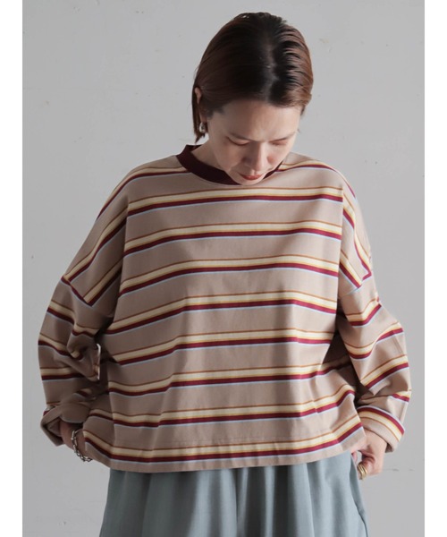 FIL DE FER（フィルデフェール）の「マルチカラーボーダー　ワイドショートP/O（Tシャツ/カットソー・レディース・グリーン/ベージュ・FREE）」の2枚目の写真