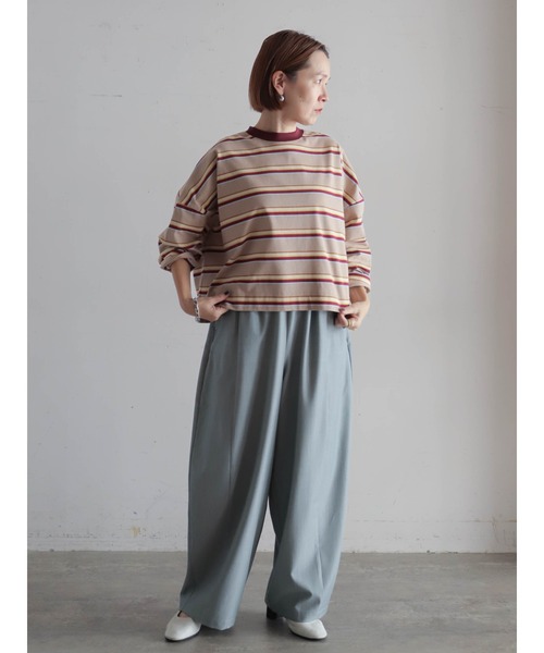 FIL DE FER（フィルデフェール）の「マルチカラーボーダー　ワイドショートP/O（Tシャツ/カットソー・レディース・グリーン/ベージュ・FREE）」の9枚目の写真