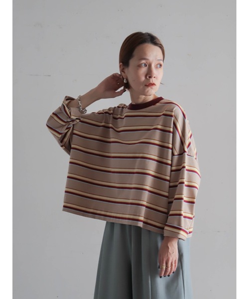 FIL DE FER（フィルデフェール）の「マルチカラーボーダー　ワイドショートP/O（Tシャツ/カットソー・レディース・グリーン/ベージュ・FREE）」の5枚目の写真