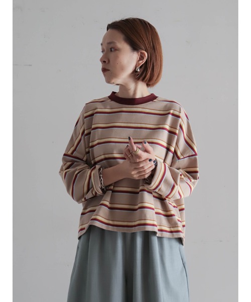 FIL DE FER（フィルデフェール）の「マルチカラーボーダー　ワイドショートP/O（Tシャツ/カットソー・レディース・グリーン/ベージュ・FREE）」の3枚目の写真