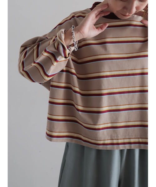 FIL DE FER（フィルデフェール）の「マルチカラーボーダー　ワイドショートP/O（Tシャツ/カットソー・レディース・グリーン/ベージュ・FREE）」の12枚目の写真