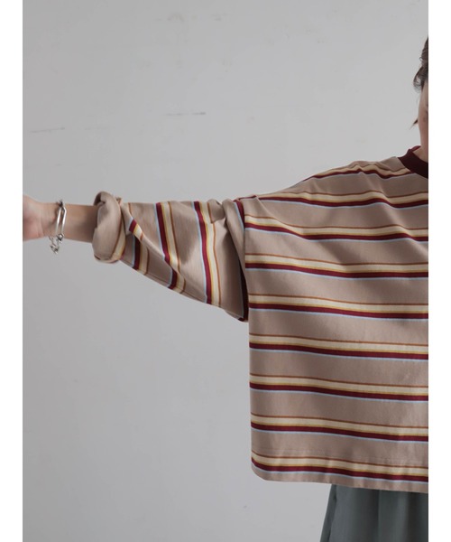 FIL DE FER（フィルデフェール）の「マルチカラーボーダー　ワイドショートP/O（Tシャツ/カットソー・レディース・グリーン/ベージュ・FREE）」の11枚目の写真