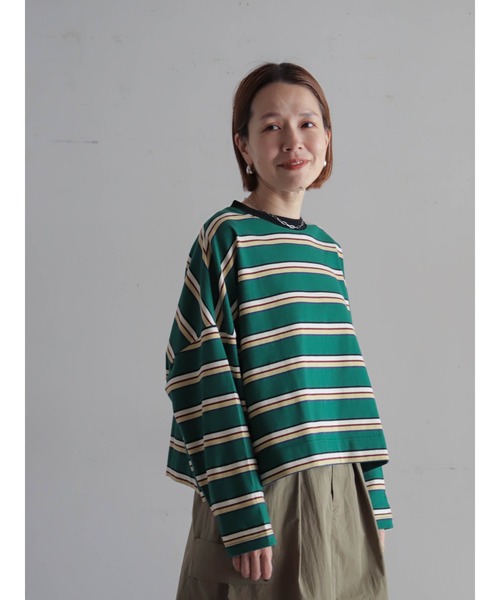 FIL DE FER（フィルデフェール）の「マルチカラーボーダー　ワイドショートP/O（Tシャツ/カットソー・レディース・グリーン/ベージュ・FREE）」の13枚目の写真