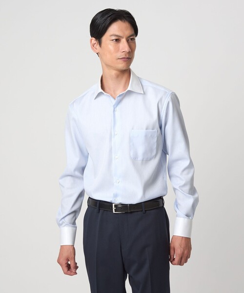 green label relaxing(グリーンレーベルリラクシング)の「コットン シャドーストライプ クレリック ワイドカラー ドレスシャツ -イージーアイロン-(ビジネスシャツ・メンズ・ホワイト/ライトブルー・43cm/42cm/41cm/40cm/39cm/38cm/37cm)」の2枚目の写真