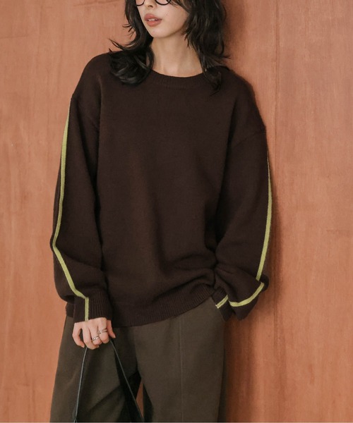 セール】配色ライン クルーネック ニットプルオーバー（ニット