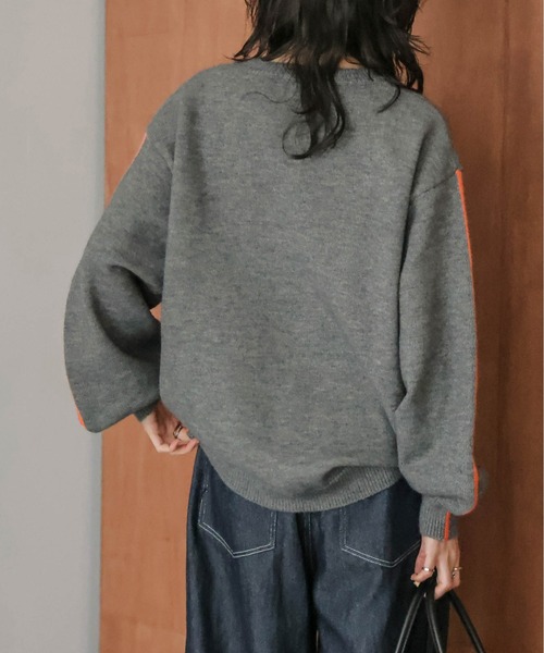 セール】配色ライン クルーネック ニットプルオーバー（ニット