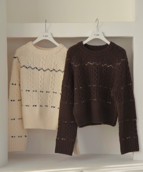 I_am（アイアム）の「mix stitch accent cable knit / ミックスステッチアクセントケーブルニット（ニット/セーター・レディース・ブラウン/アイボリー・FREE）」の3枚目の写真