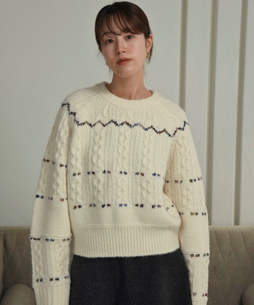 I_am（アイアム）の「mix stitch accent cable knit / ミックスステッチアクセントケーブルニット（ニット/セーター・レディース・ブラウン/アイボリー・FREE）」の4枚目の写真