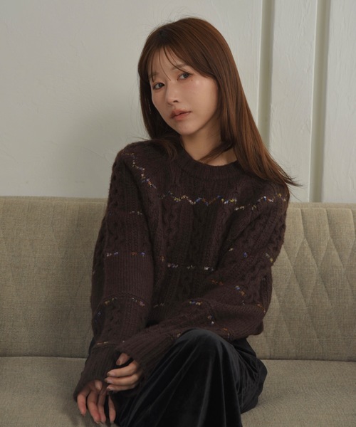 I_am（アイアム）の「mix stitch accent cable knit / ミックスステッチアクセントケーブルニット（ニット/セーター・レディース・ブラウン/アイボリー・FREE）」の9枚目の写真