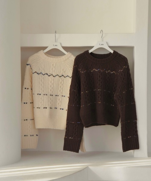 I_am（アイアム）の「mix stitch accent cable knit / ミックスステッチアクセントケーブルニット（ニット/セーター・レディース・ブラウン/アイボリー・FREE）」の14枚目の写真
