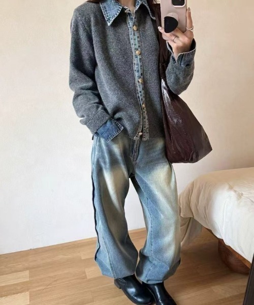 LETee(レティー)の「デニムドッキングニットカーディガン(カーディガン/ボレロ・レディース・ホワイト/グレー/ネイビー/ダークグレー/ブラウン・FREE)」の3枚目の写真