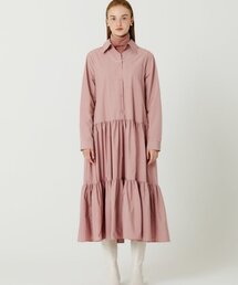 シャーリングシャツロングワンピース（ピンク）