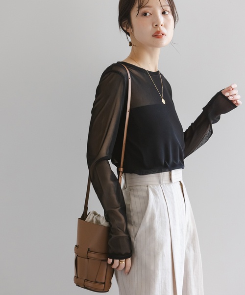 Noble(ノーブル)の「《追加》スキンチュールロングTシャツ(Tシャツ/カットソー・レディース・ブラウン/ホワイト/ブラック・FREE)」の6枚目の写真