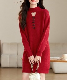 胸元セクシーニットワンピース リボン付き