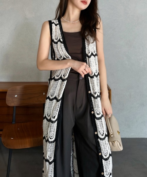 Eclat one(エクラワン)の「【Eclat one】透かし編み 配色 ニット ロング ワンピース(ワンピース・レディース・ベージュ/ホワイト・FREE)」の10枚目の写真