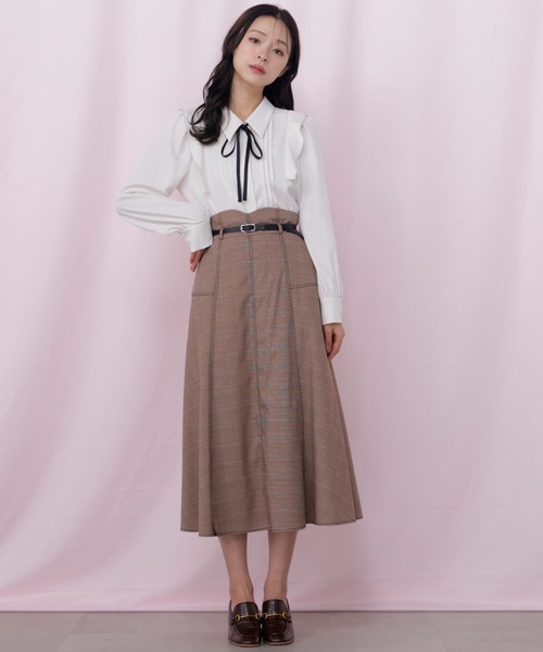 JILL by JILL STUART(ジルバイジルスチュアート)の「ベルト付き配色ステッチフレアスカート(スカート・レディース・グレー/ネイビー/ブラウン系その他・MEDIUM/SMALL)」の3枚目の写真